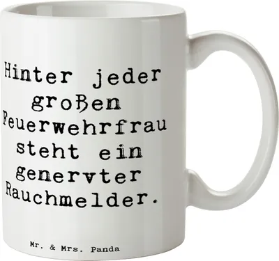 Produktbild von Mr. & Mrs. Panda Tasse Spruch Feuerwehrfrau Humor - Weiß - Geschenk, kaffeebecher keramik, Trinkbecher, Berufspassion, Beruf, handgefertigte Geschenke, Becher, Heldinnen