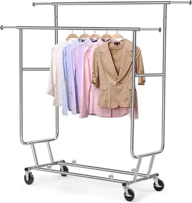 Image de Support de vêtements industriel Unyqoos® sur roulettes, en acier inoxydable/argenté – 2 barres, hauteur 160–173 cm, longueur 128–189 cm, pliable, capacité de charge de 130 kg