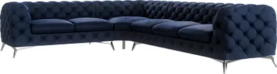 Produktbild von S-STYLE MÖBEL - Chesterfield Ecksofa Cleo mit Silber Metall Füßen aus Marineblau Samtstoff, Ottomane links, B/T/H: 323 cm/ 264 cm/ 75 cm