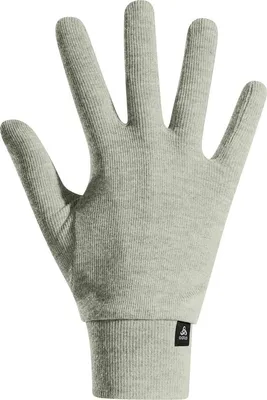 Hellgrauer Odlo Active Warm Handschuh mit feiner Rippenstruktur und kleinem schwarzen Markenlabel am Bündchen