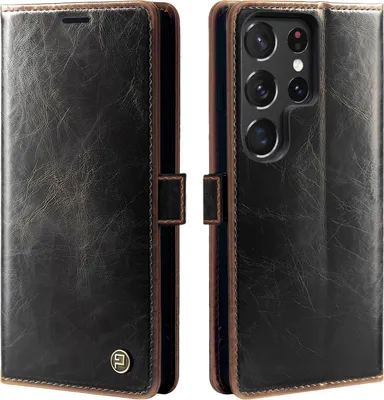 Produktbild von Handyhülle für Samsung Galaxy S24 Ultra Kunstleder Flip Vintage Cover Hülle RFID Schutz Case Kartenfach Farbe: Dunkelbraun