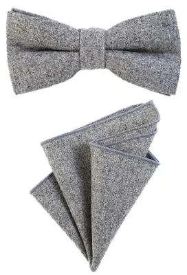Produktbild von DonDon Herren Fliege 12 x 6 cm gebunden längenverstellbar und Einstecktuch 23 x 23 cm farblich passend aus Baumwolle hellgrau