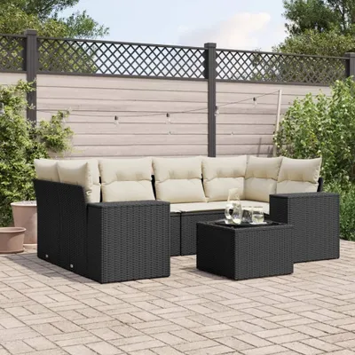 Produktbild von Design 7-tlg. Garten-Sofagarnitur mit Kissen Schwarz Poly Rattan, Gartensofas 2024 Neu