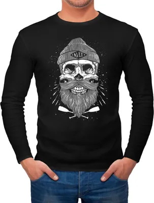 Produktbild von Herren Longsleeve Captain Skull Beard Totenkopf Bart KapitänLangarmshirt Moonworks® schwarz XL