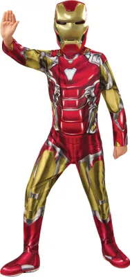 A child wearing an Iron Man costume, standing with one arm raised.