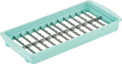 A mint green ice cube tray with silver dividers.