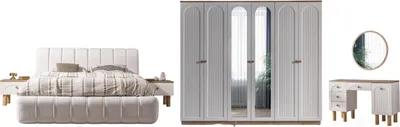 Produktbild von Schlafzimmer Set Baha mit Polsterbett, Kleiderschrank (6 Türen), Kommode mit Spiegel und 2 Nachttischen