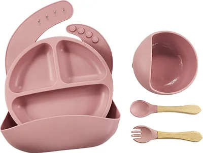 Produktbild von Kinderteller Sets Baby Teller Silikon,5 Stücke Rutschfest Geschirr Sets Babyteller Schüssel mit Saugnapf Lätzchen Löffel Gabel Kindergeschirr für Kleinkinder