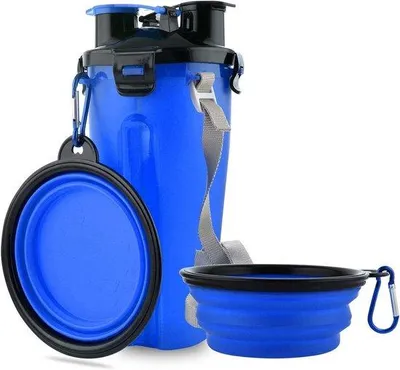 Produktbild von Famanu Faltbare Hunde-Reisewasserflasche mit Faltbaren Futterbehältern - Blau