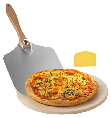 Productafbeelding van VEVOR pizzasteen, 381 x 381 mm, met spatel en aluminium basis, hittebestendig, geschikt voor gebruik in een huishoudelijke oven.