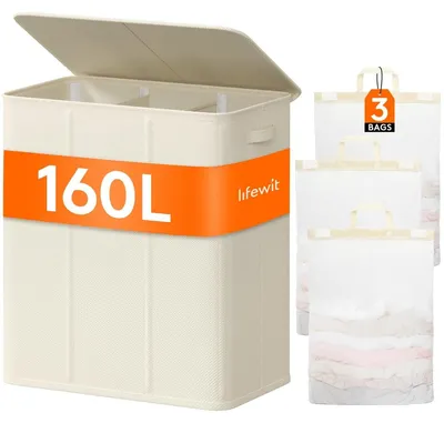 Produktbild von Wäschekorb Wäschesack Wäschetruhe - 160 Liter - 3 Fächer - Weiß - Mit Wäschesäcken