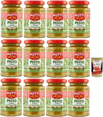 Produktbild von Mutti Pesto Verde Pomodori Verdi Grünes Tomatenpesto Pasta Sauce 100% italienische Tomate Glas 12x 180g Würzsaucen mit Cashewnüssen, Grana Padano und Pecorino Romano + Italian Gourmet polpa 400g
