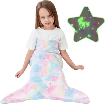 Produktbild von Minicee Kinder Meerjungfrauen Schwanzdecke Licht , Flanell, 130–170 cm, Einhorn-Muster mit Farbverlauf