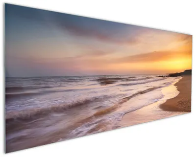 Produktbild von Wallario Küchenrückwand aus Glas, Größe: 125 x 50 cm, Motiv: Sonnenuntergang am Strand - Abendspaziergang | Spritzschutz | abwischbar | pflegeleicht | in