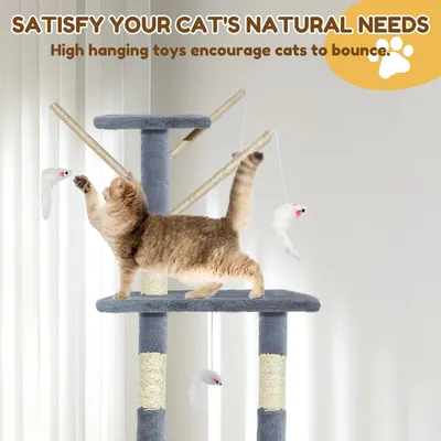 Immagine prodotto di Albero per gatti da 140 cm - Torre per arrampicata - 4 livelli - Pali in sisal per graffiare - Scala, tana e piattaforma per riposare - Rivestito in peluche morbido - Grigio scuro