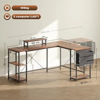 Image de Bureau d'angle pour ordinateur - Forme en L réversible - Largeur réglable de 168 à 240 cm - Étagère réglable avec support pour écran - Crochets et sac de rangement - Couleur marron rustique