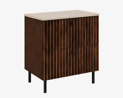 Image de Meuble de salle de bain sur pied avec plateau de 60 cm, en bois chêne noyer et plateau en bois cachemire, poignées disponibles en trois couleurs, pieds noirs, dimensions : 60 x 44,4 x 73,6 cm, Image générée par une IA