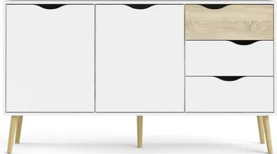 Image de CALICOSY - Buffet 2 portes, 3 tiroirs blanc etReproduction chêne L147,2 cm - BILLUND