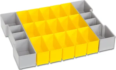 A top-down diagonal view of an empty yellow and gray organizer tray.