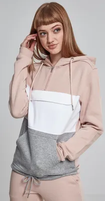Produktbild von Urban Classics Damen Hoodie Ladies Color Block Sweat Pull Over Hoody Lightrose/Grey/White-M
