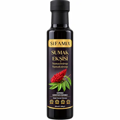Obrázek produktu pro Sifamix Sirup ze sumaku 250 ml (340 g) – Sumaková šťáva extrahovaná ze sumaku, ovocně-kyselé chuti, bez konzervantů, skleněná láhev