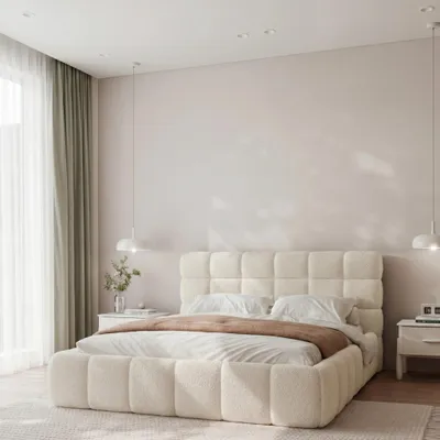 Obrázek produktu pro Čalouněná postel BORIO 180x200, béžová bouclé, s úložným prostorem a roštem