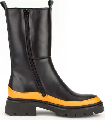 A black boot with an orange trim and a thick black sole, shown from the side against a white background.
