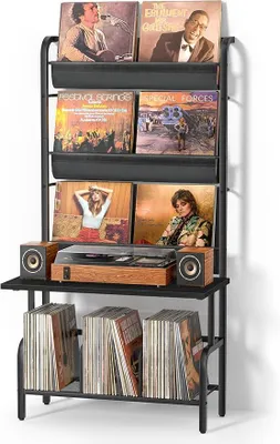 Produktbild von Schallplattenregal mit Plattenspieler Ständer – Vinyl Regal für bis zu 300 Schallplatten, Plattenspielertisch mit Vinyl Display & Wandhalterung – Schallplatten Aufbewahrung in Große Schwarz