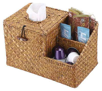 Immagine prodotto di Scatola per fazzoletti in alghe marine con 2 tasche laterali, tessuta, color caramello, dimensioni 23,7 x 14,3 x 14,5 cm