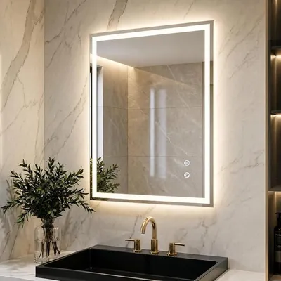 Obrázek produktu pro Zrcadlo do koupelny s osvětlením, rozměry 80 x 60 cm, LED zrcadlo s 3 barvami světla a funkcí stmívání, dotykové ovládání, proti zamlžování, tvrzené sklo, koupelnové zrcadlo s osvětlením