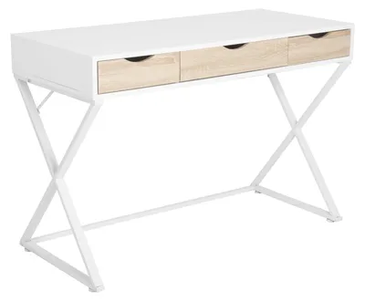 Produktbild von Schreibtisch mit 3 Schubladen aus MDF und Stahl | Weiß und Holzfarbe | 110x50x75cm