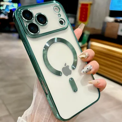 Image de Coque magnétique transparente pour iPhone 17 Pro, compatible MagSafe, étui de protection galvanisé avec protection de l'appareil photo vert clair