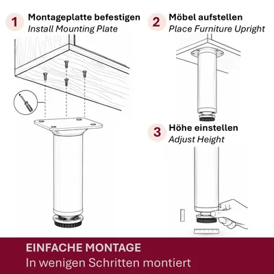 Produktbild von HOOZ® Möbelfüße Edelstahl Weiß Matt 80 mm 4er Set [HÖHENVERSTELLBAR] Möbelbeine Ø 30 mm – Schrankfüße für Kommode TV-Board & Regal – 35 kg pro Fuß