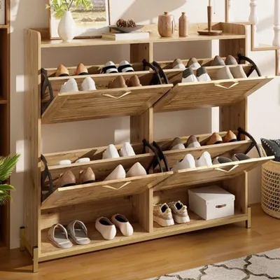 Produktbild von Schuhschrank mit Holztüren – Modernes Design – Metallrahmen – Für den Eingangsbereich