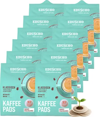 Zdjęcie produktu dla Eduscho – zestaw zapasowy kapsułek do kawy, opakowanie maxi, klasyczne, 384 kapsułki – 12 opakowań po 32 kapsułki, o pełnym smaku i zrównoważonym bukiecie, do wszystkich ekspresów na kapsułki, nadają się do kompostowania przemysłowego