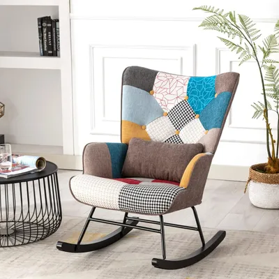 Produktbild von Schaukelstuhl Patchwork-Stuhl mit Metallrahmen und Holzfuß, Schwingstuhl, Entspannungsstuhl, Retro-Armlehnenstuhl, Wohnzimmer gepolsterter Stuhl, skan