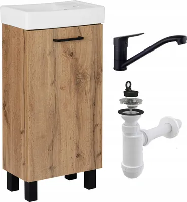 A bathroom vanity cabinet with a sink, faucet, and drain assembly shown separately.