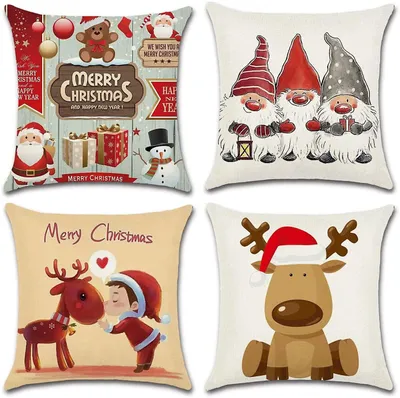 4 Weihnachts-Kissenbezüge aus Leinen, 45 x 45 cm, für Sofa
