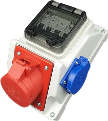 Produktbild von RoadEu - Kombi Wandsteckdose 16A 5P - 1x Schuko 230V - mit Leitungsschutzschalter C16A. Stromverteiler IP44
