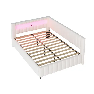 Productafbeelding van Slaapbank 140x200 cm, met LED-verlichting, met USB-aansluiting, met gestoffeerde rugleuning, met lattenbodem, beige