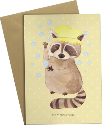 Produktbild von Mr. & Mrs. Panda valentinstagskarte Waschbär - Gelb Pastell - Geschenk, hochzeitskarten, weihnachtskarten, Seifenblasen, Fröhlich, Tagträumen, Plan, genesungskarte