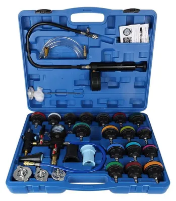 Immagine prodotto di Tester di pressione e tenuta per impianti di raffreddamento - Set per il vuoto da 28 pezzi - Universale per autovetture - Radiatore/serbatoio di espansione - Adattatori inclusi - Rileva le perdite di liquido di raffreddamento