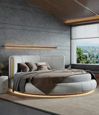 Productafbeelding van Wit LED-bed, design rond bed, slaapkamer, luxe gestoffeerd bed
