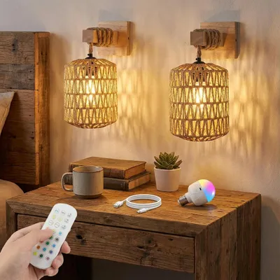 Image de Applique murale sans fil en rotin avec télécommande, RGB, applique boho pour chambre à coucher salon couloir, avec deux alimentations (pile/électrique)