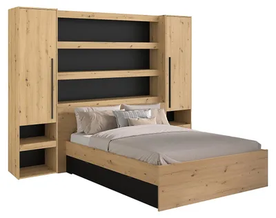 Produktbild von Bett mit Stauraum & LEDs - 160 x 200 cm - Holzfarben & Schwarz - VARLY