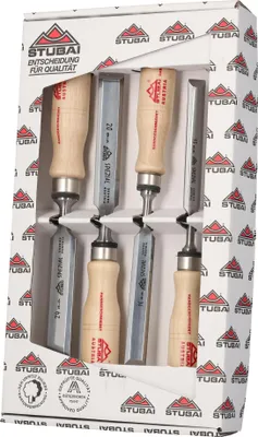 Produktbild von STUBAI 3531 Spezial Stemmeisensatz Stechbeitel Set mit Holzgriff aus Weißbuche, schwedische Form, 4-teiliges Set (13, 16, 20, 24 mm), Stemmeisen zur präzisen Bearbeitung von Holz, Stecheisen für Schreiner Tischler Heimwerker