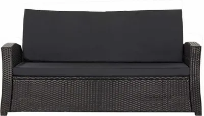 A studio shot of a dark brown wicker bench cushion with black cushions.