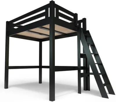 Produktbild von Hochbett 140x200 aus Holz + verstellbare Leiter Alpage - Schwarz