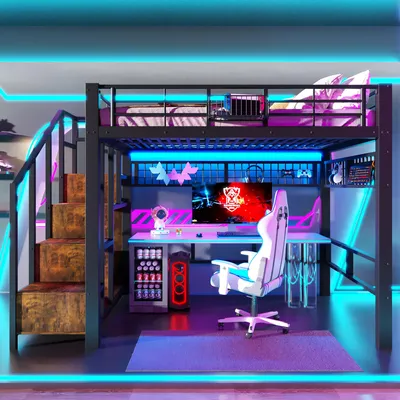 Produktbild von Platzsparendes Hochbett 140x200cm Metall Schwarz mit LED-Beleuchtung & Treppe, Loftbett inkl. Stauraum & Hängegitter für Jugendzimmer & Gaming, 150kg Belastbarkeit