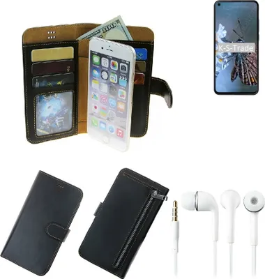 Produktbild von TOP SET Handy Hülle Schutz Hülle kompatibel mit HTC Desire 20 Pro  schwarz aus Kunstleder + Kopfhörer Smartphone Tasche vollwertige Geldbörse
